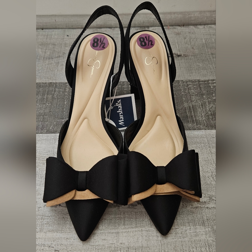 Jessica Simpson Black Pointed Slingback Heels with Bow Detail